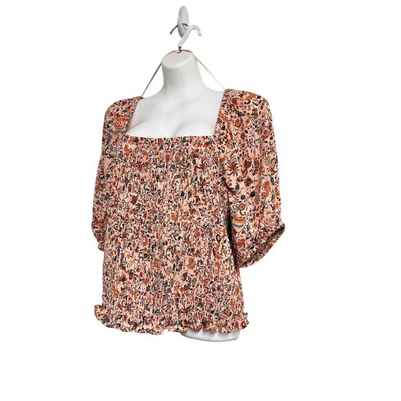 Shirts/NWT Old Navy Peach Floral Smocked Puff Sleeve Peplum Square Neckline XL - Picture 3 of 12